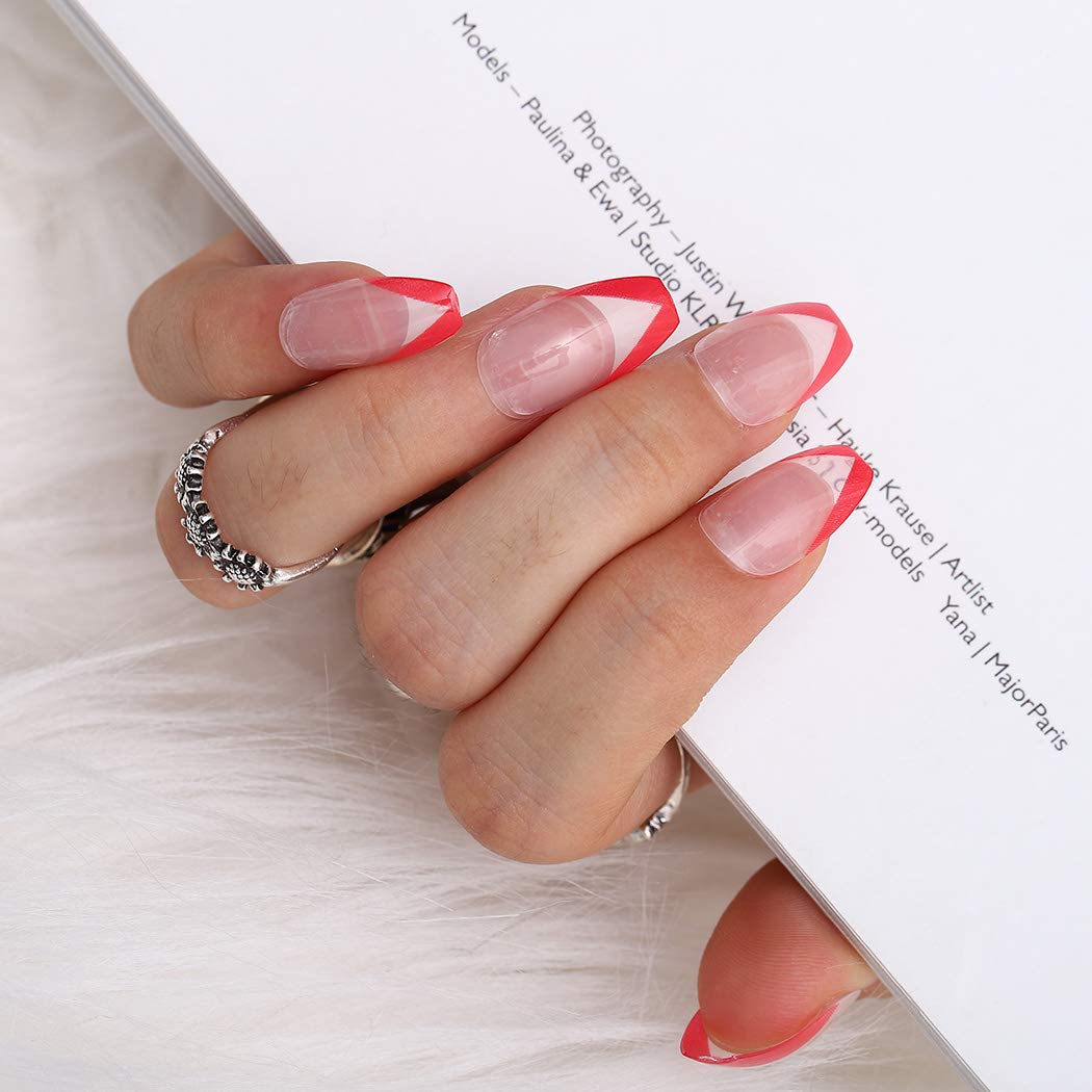 Press On Nails Clear And Red French Glossy Coffin Nail Kit - TGC Boutique - Press On Nails