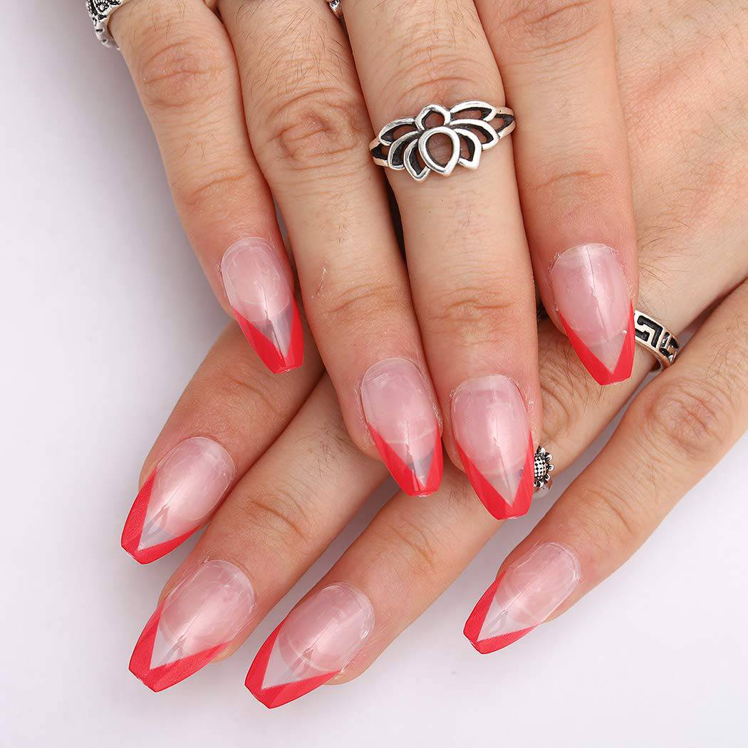Press On Nails Clear And Red French Glossy Coffin Nail Kit - TGC Boutique - Press On Nails