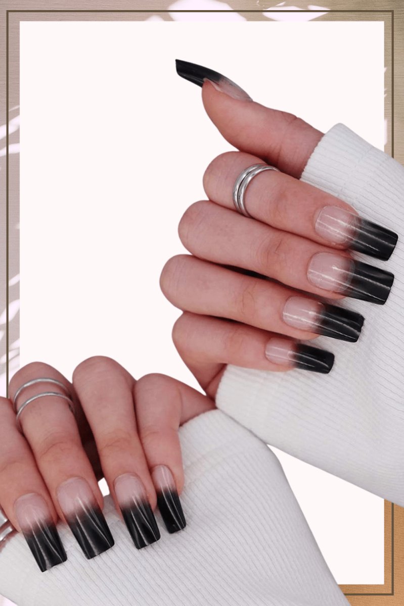 Press On Nails Clear French Glossy Coffin Black Nail Kit - TGC Boutique - Press On Nails