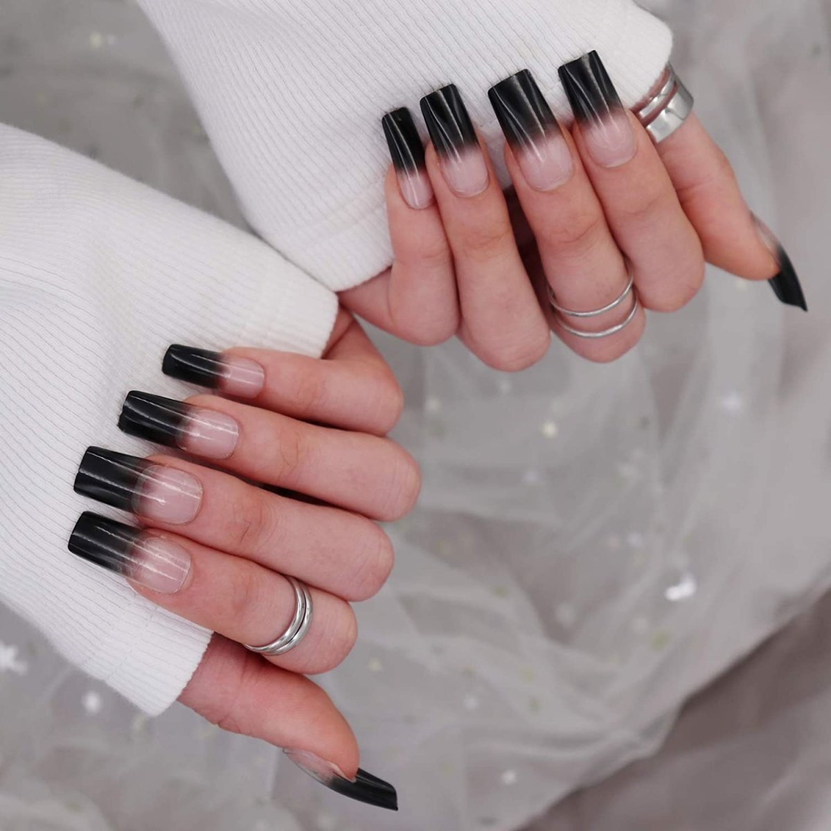 Press On Nails Clear French Glossy Coffin Black Nail Kit - TGC Boutique - Press On Nails