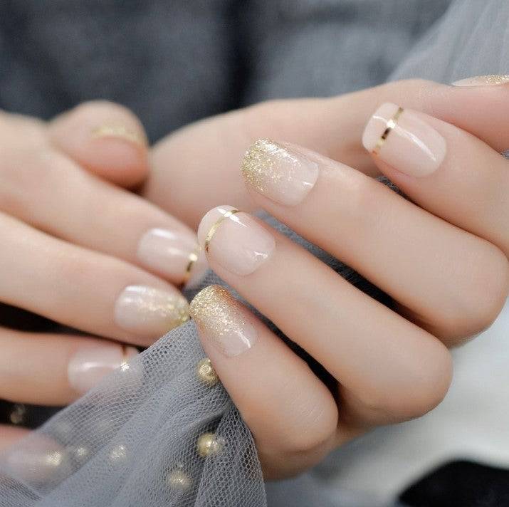 Press On Nails Clear French Glossy Round Gold Nail Kit - TGC Boutique - Press On Nails