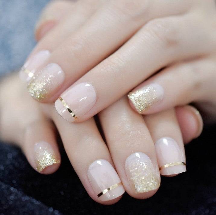Press On Nails Clear French Glossy Round Gold Nail Kit - TGC Boutique - Press On Nails
