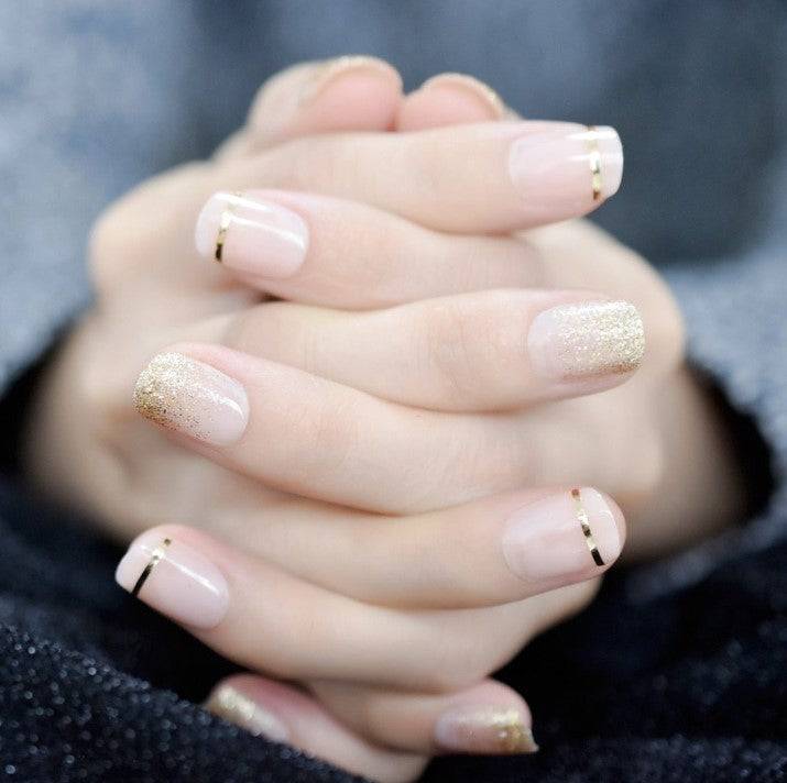 Press On Nails Clear French Glossy Round Gold Nail Kit - TGC Boutique - Press On Nails