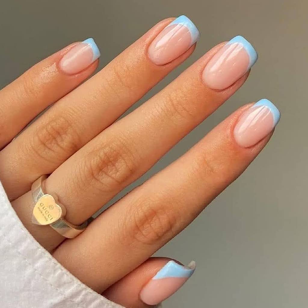 Press On Nails Clear Glossy Blue French Square Nail Kit - TGC Boutique - Press On Nails