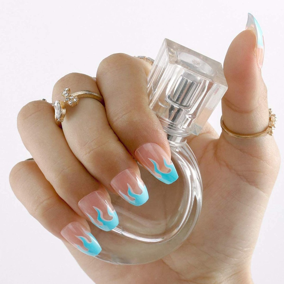 Press On Nails Clear Glossy French Tip Coffin Blue Flame Nail Kit - TGC Boutique - Press On Nails