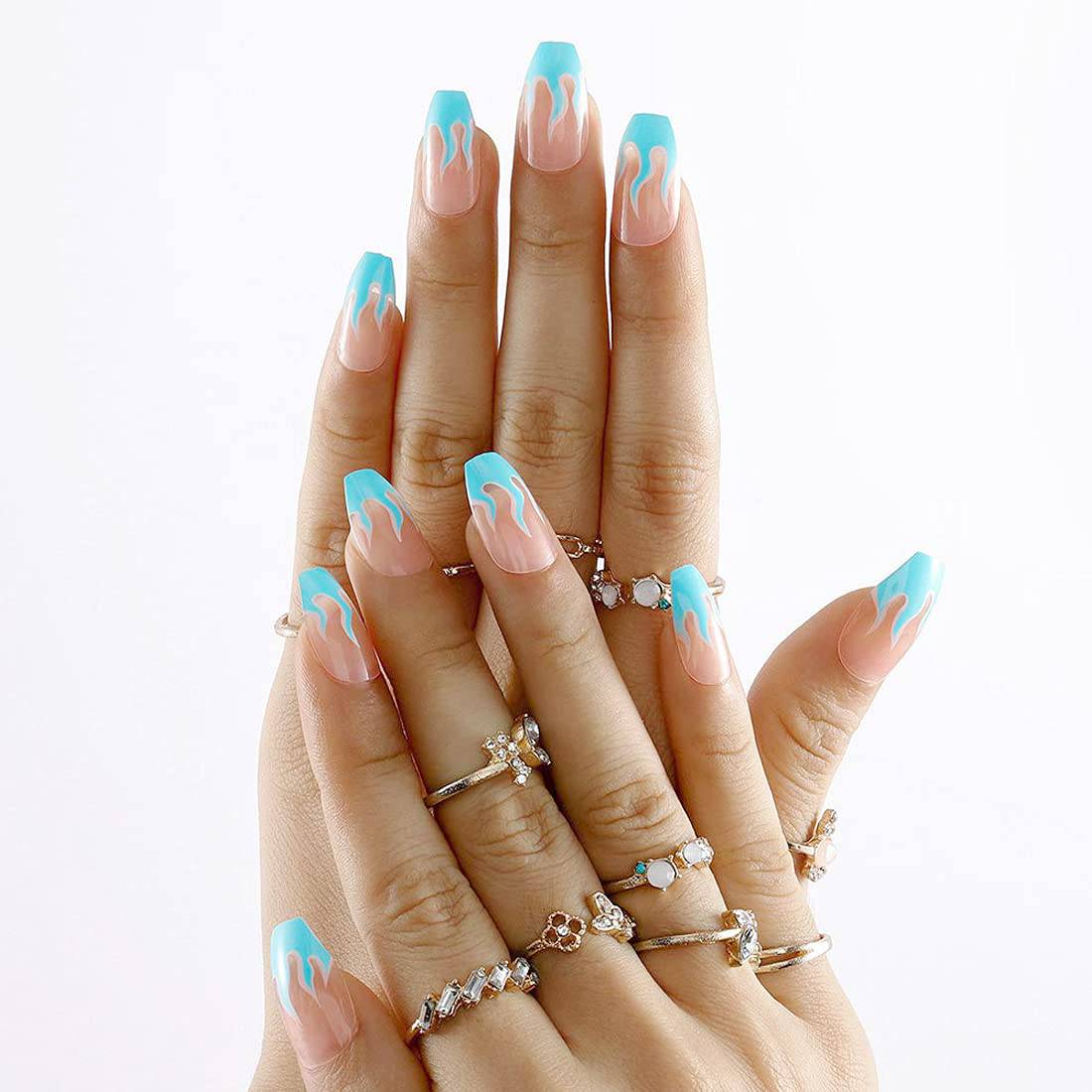 Press On Nails Clear Glossy French Tip Coffin Blue Flame Nail Kit - TGC Boutique - Press On Nails