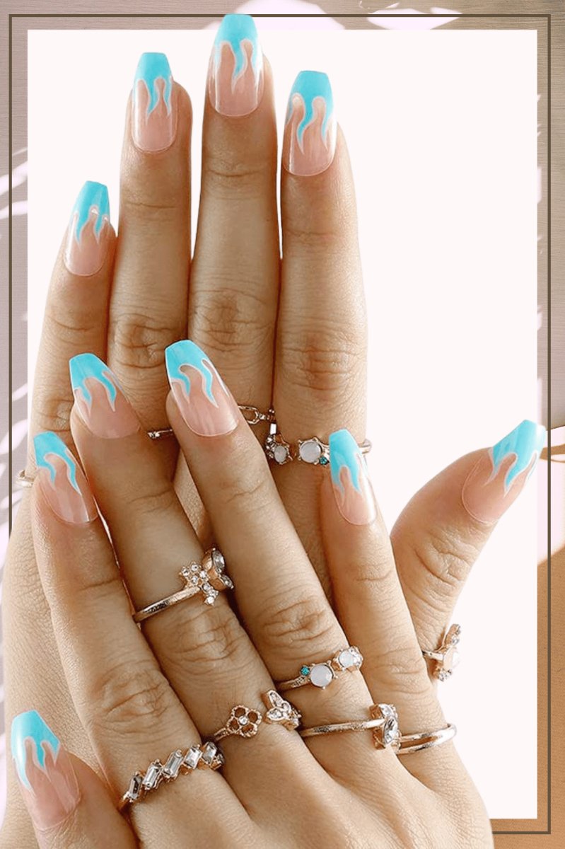 Press On Nails Clear Glossy French Tip Coffin Blue Flame Nail Kit - TGC Boutique - Press On Nails