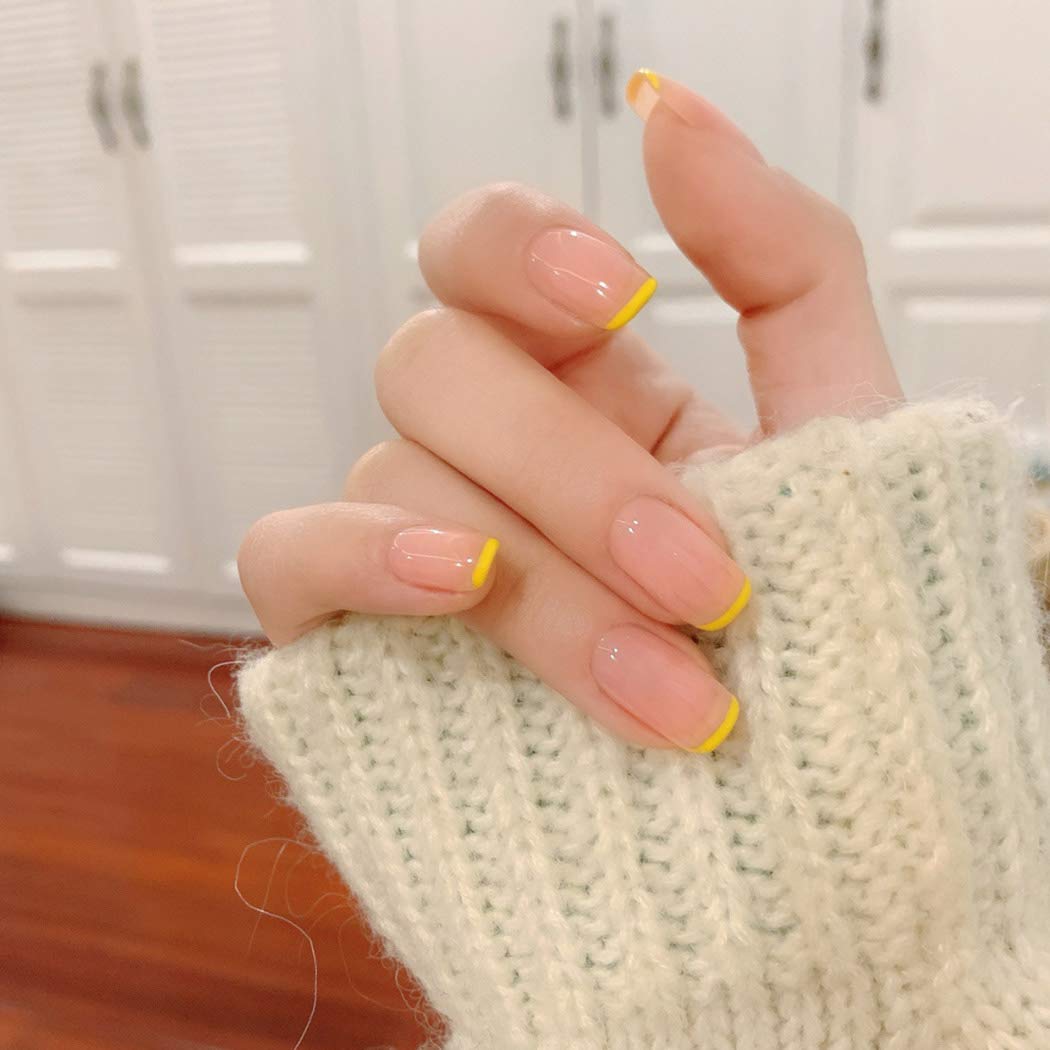 Press On Nails Clear Glossy Yellow French Square Nail Kit - TGC Boutique - Press On Nails