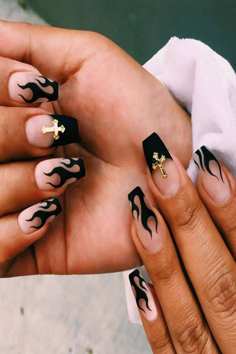 Press On Nails Cross Black Flame Coffin Nail Kit - TGC Boutique - Press On Nails