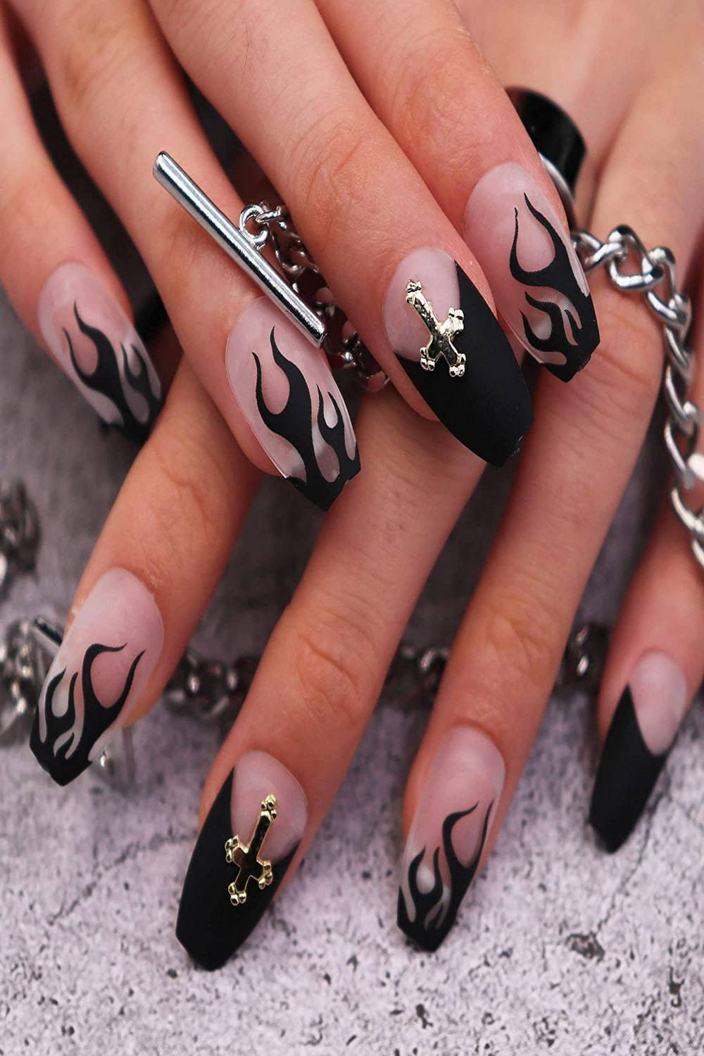 Press On Nails Cross Black Flame Coffin Nail Kit - TGC Boutique - Press On Nails