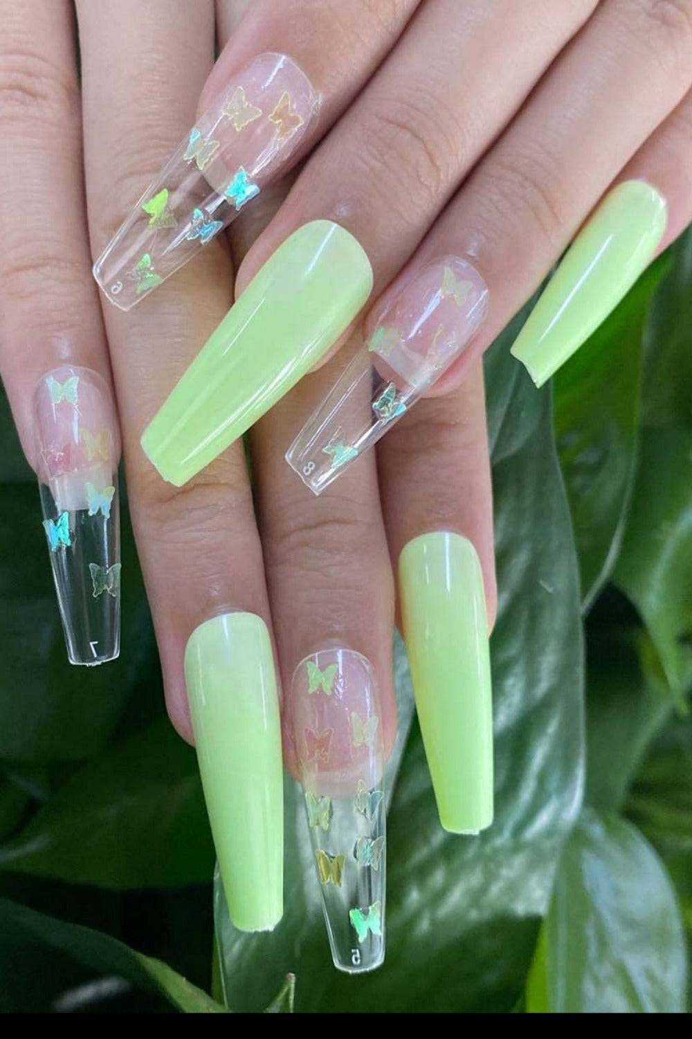 Press On Nails Cute Green Coffin Butterfly Nails Kit - TGC Boutique - Press On Nails