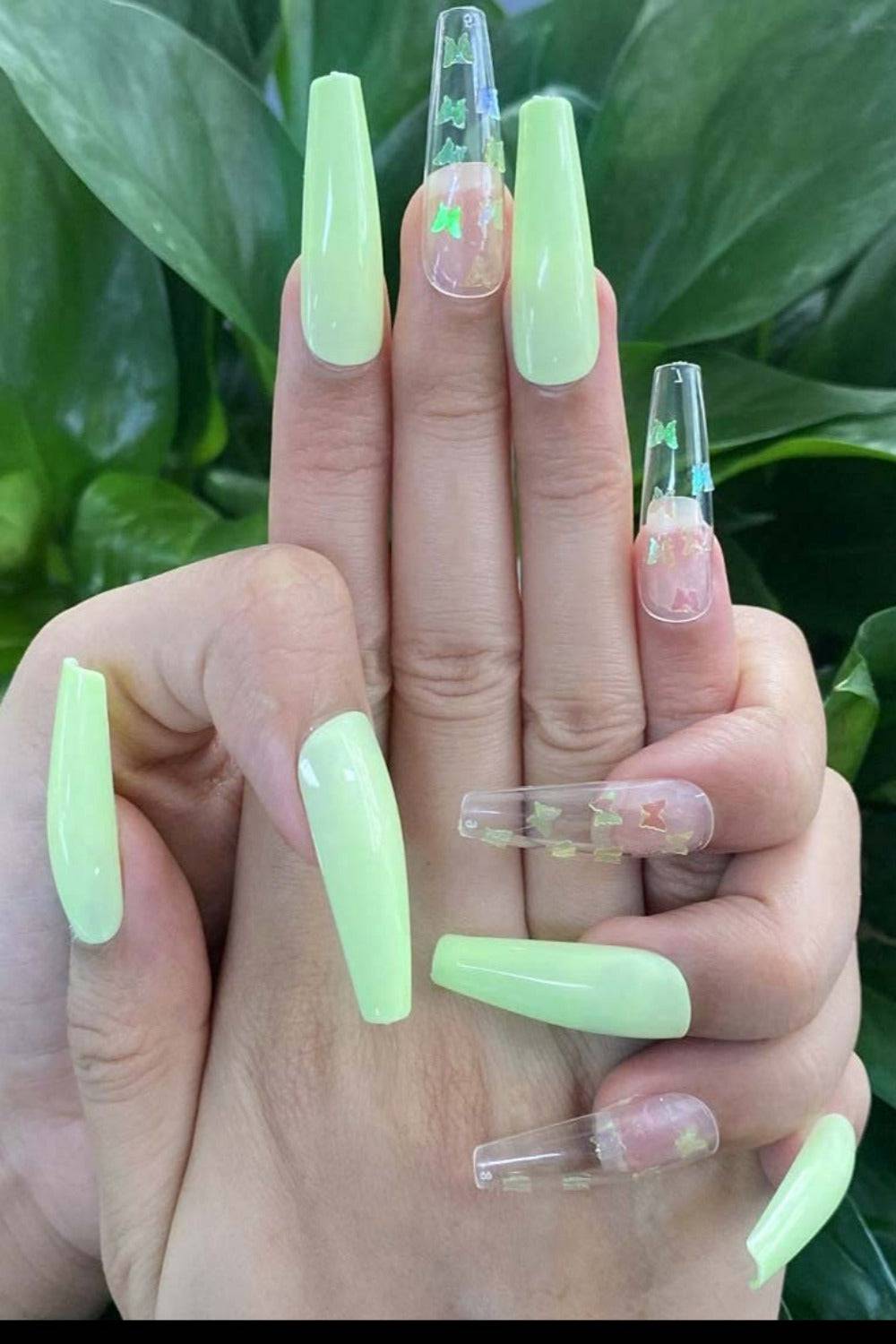 Press On Nails Cute Green Coffin Butterfly Nails Kit - TGC Boutique - Press On Nails