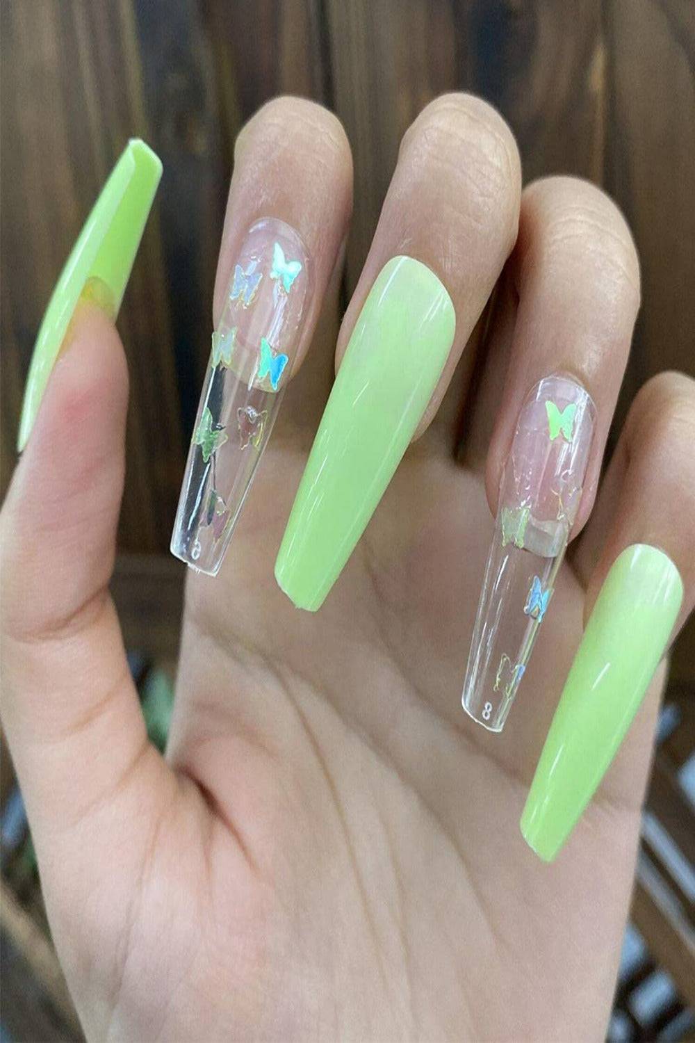 Press On Nails Cute Green Coffin Butterfly Nails Kit - TGC Boutique - Press On Nails