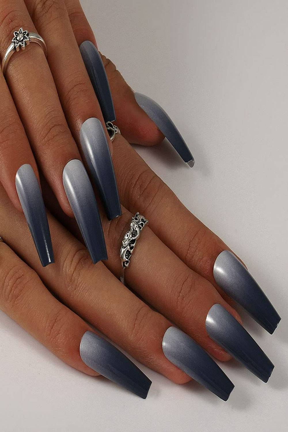 Press On Nails Dark Gray Glossy Ombre French Tip Coffin Nail Kit - TGC Boutique - Press On Nails