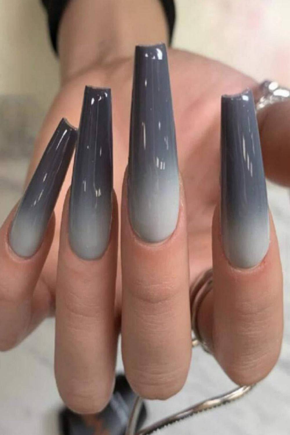 Press On Nails Dark Gray Glossy Ombre French Tip Coffin Nail Kit - TGC Boutique - Press On Nails