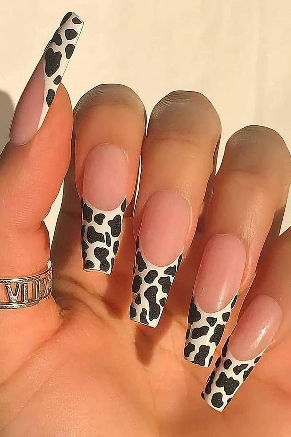 Press On Nails French Tip Cow Print Coffin Nail Kit - TGC Boutique - Press On Nails