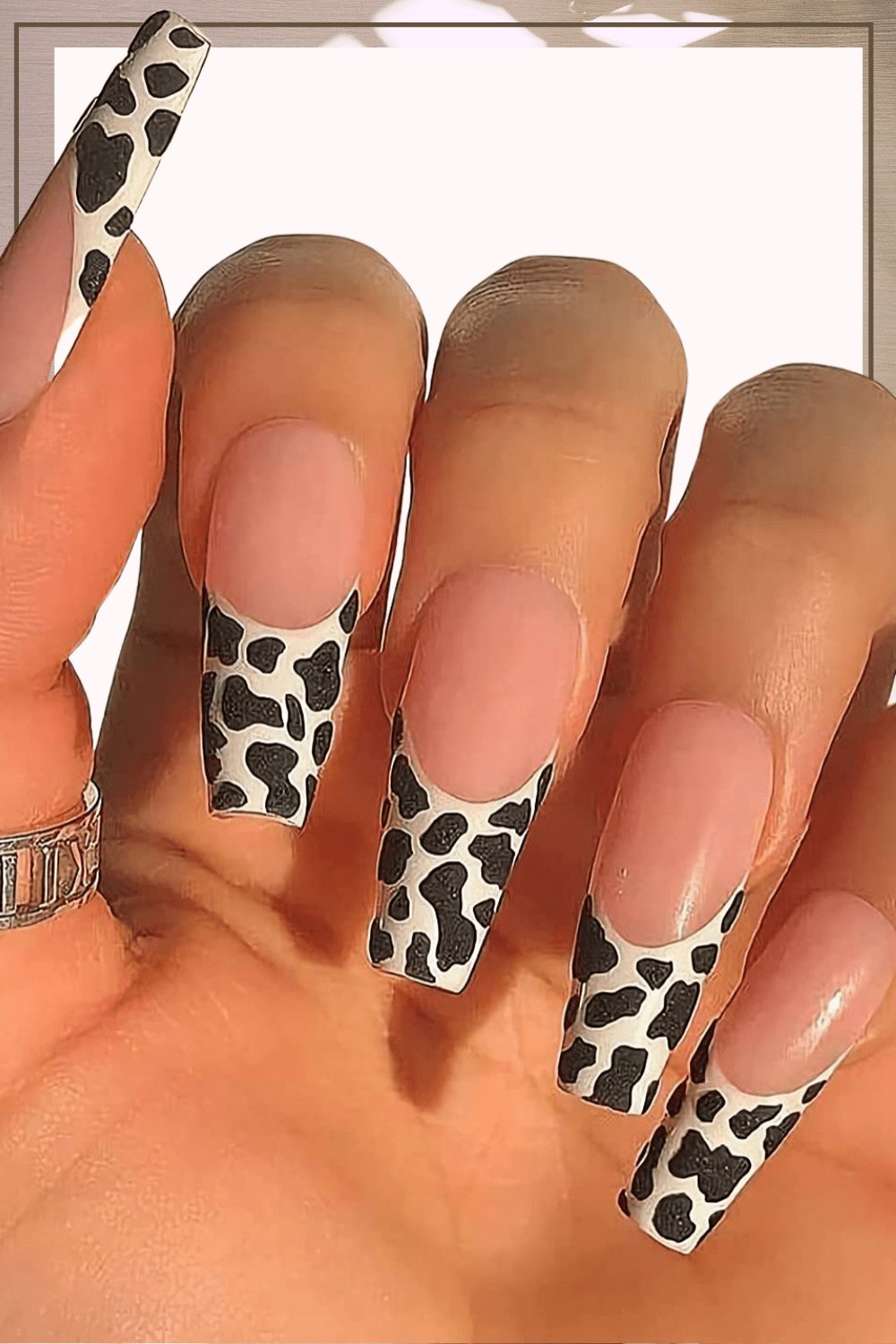 Press On Nails French Tip Cow Print Coffin Nail Kit - TGC Boutique - Press On Nails