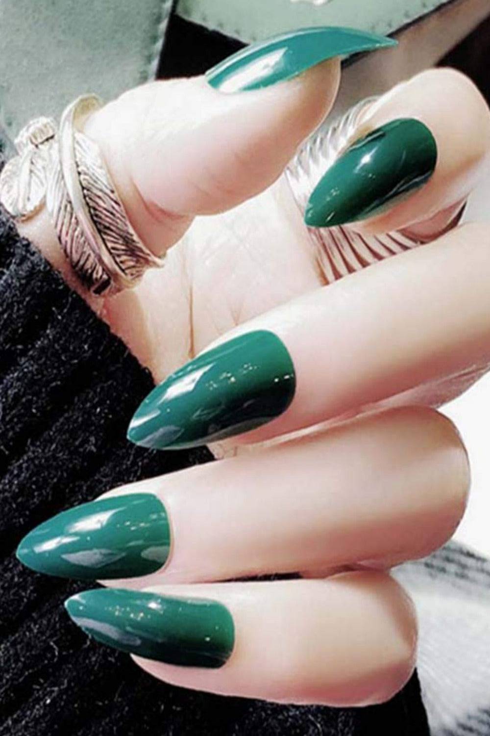 Press On Nails Glossy Almond Green Stiletto Nails Kit - TGC Boutique - Press On Nails