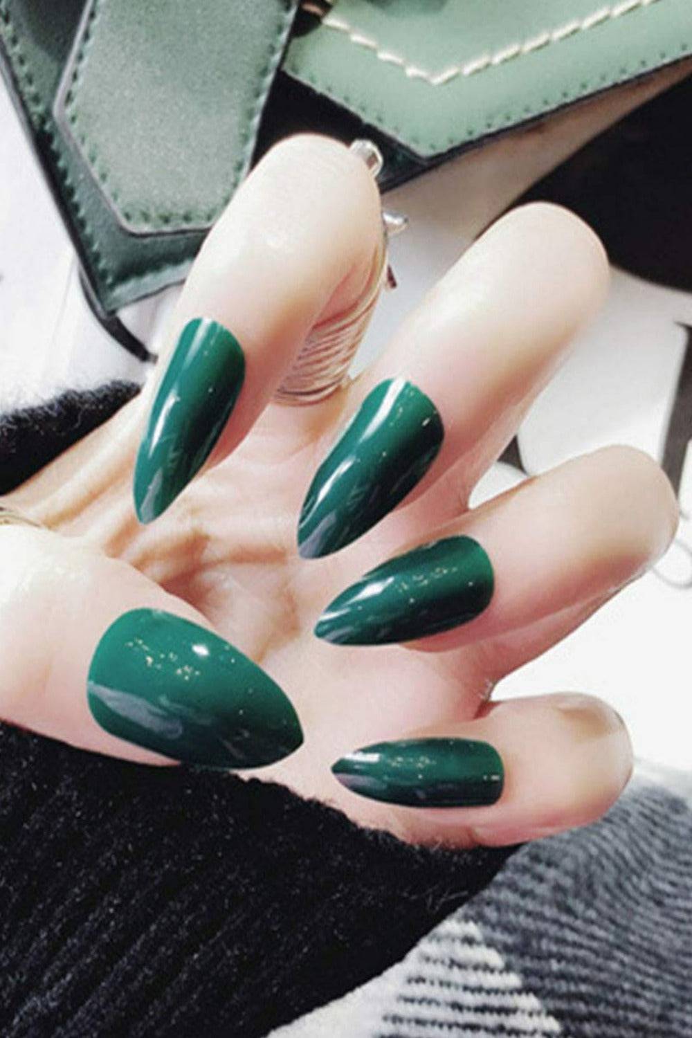 Press On Nails Glossy Almond Green Stiletto Nails Kit - TGC Boutique - Press On Nails