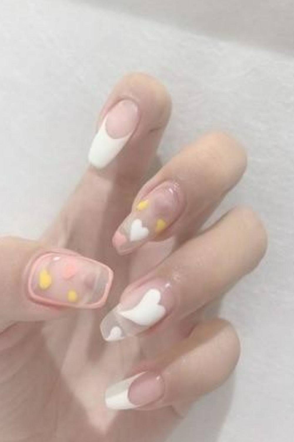 Press On Nails Glossy French Tip Matte Coffin Manicure Nail Kit - TGC Boutique - Press On Nails