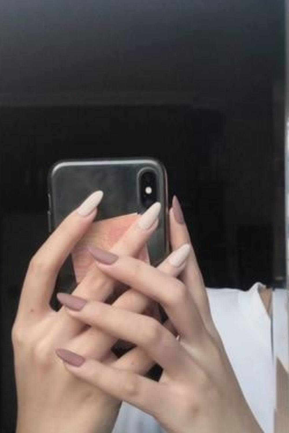Press On Nails Glossy French Tip Matte Coffin Manicure Nail Kit - TGC Boutique - Press On Nails