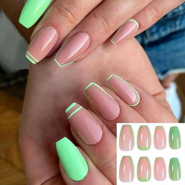 Press On Nails Gradient Matte Glossy Neon String Art Coffin Nail Kit - TGC Boutique - Press On Nails