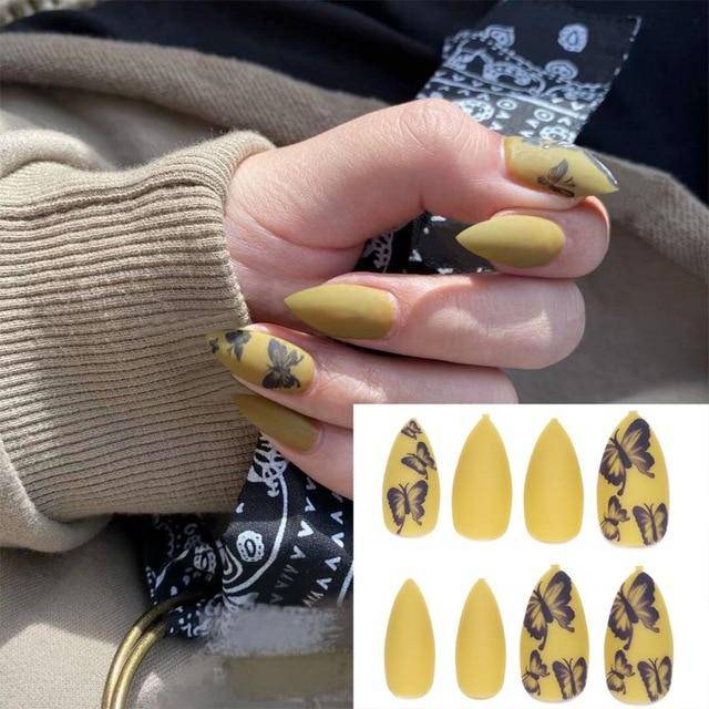 Press On Nails Gradient Matte Glossy Neon String Art Coffin Nail Kit - TGC Boutique - Press On Nails