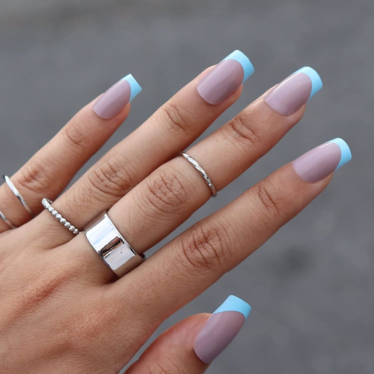 Press On Nails Gray Glossy Blue French Square Nail Kit - TGC Boutique - Press On Nails