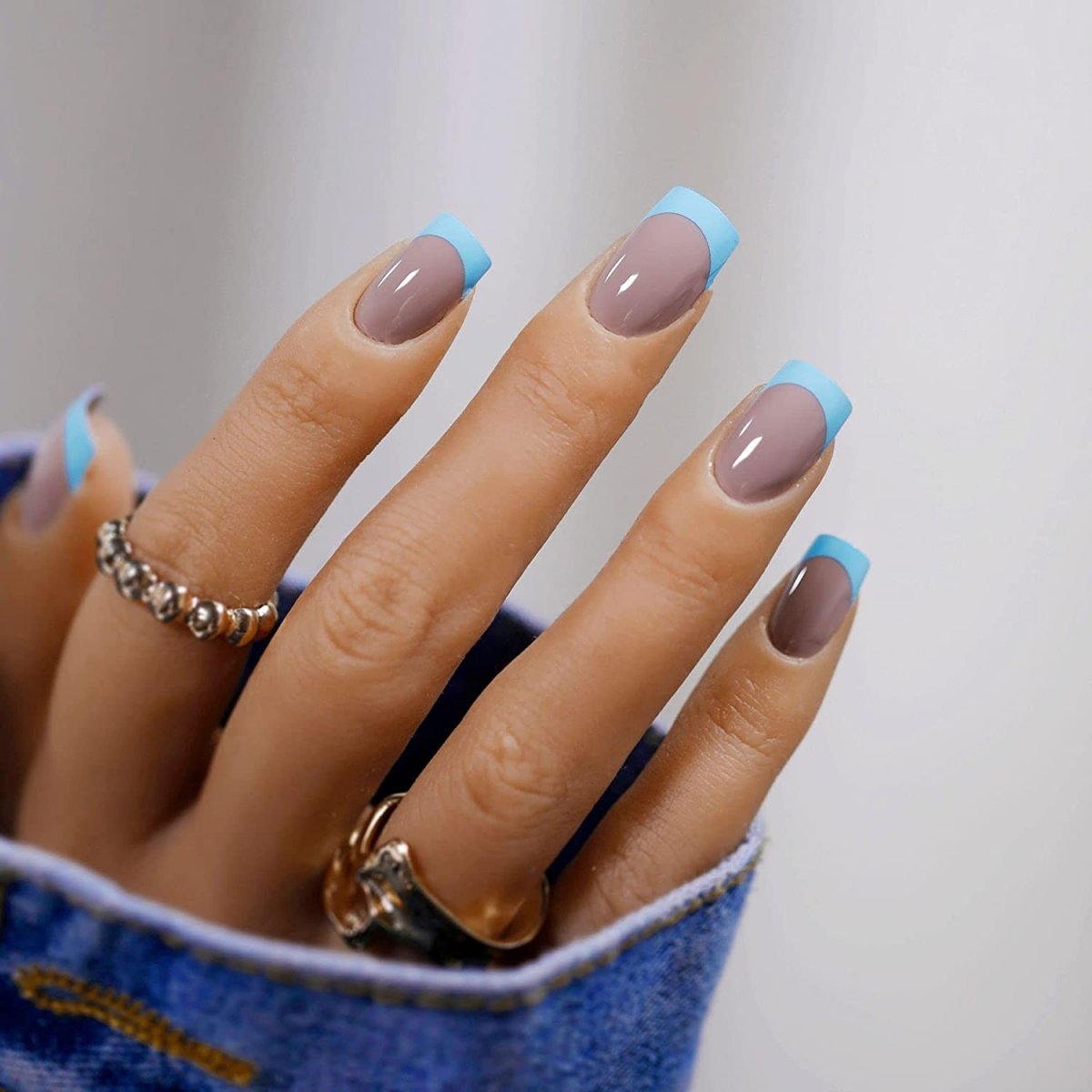 Press On Nails Gray Glossy Blue French Square Nail Kit - TGC Boutique - Press On Nails