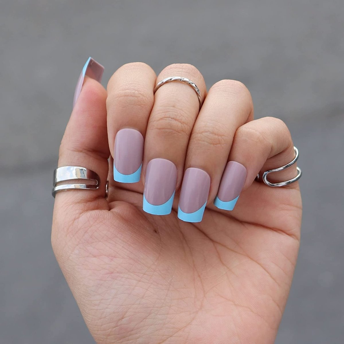 Press On Nails Gray Glossy Blue French Square Nail Kit - TGC Boutique - Press On Nails
