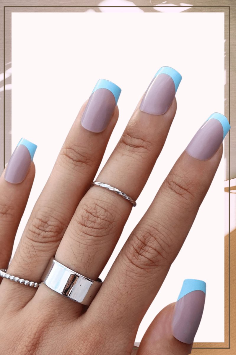 Press On Nails Gray Glossy Blue French Square Nail Kit - TGC Boutique - Press On Nails