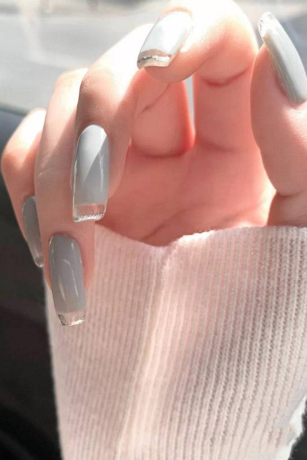 Press On Nails Gray Glossy French Tip Coffin Nail Kit - TGC Boutique - Press On Nails