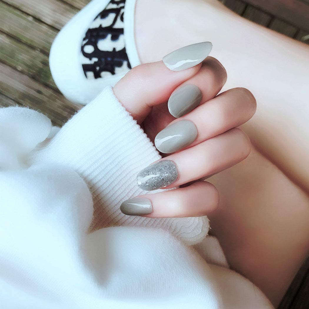 Press On Nails Gray Glossy Oval Glitter Nail Kit - TGC Boutique - Press On Nails