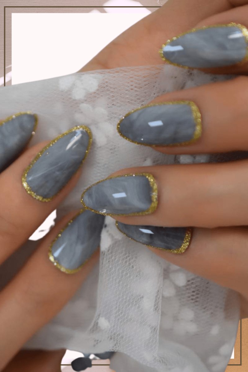Press On Nails Gray Marble Glossy Almond Gold Nail Kit - TGC Boutique - Press On Nails