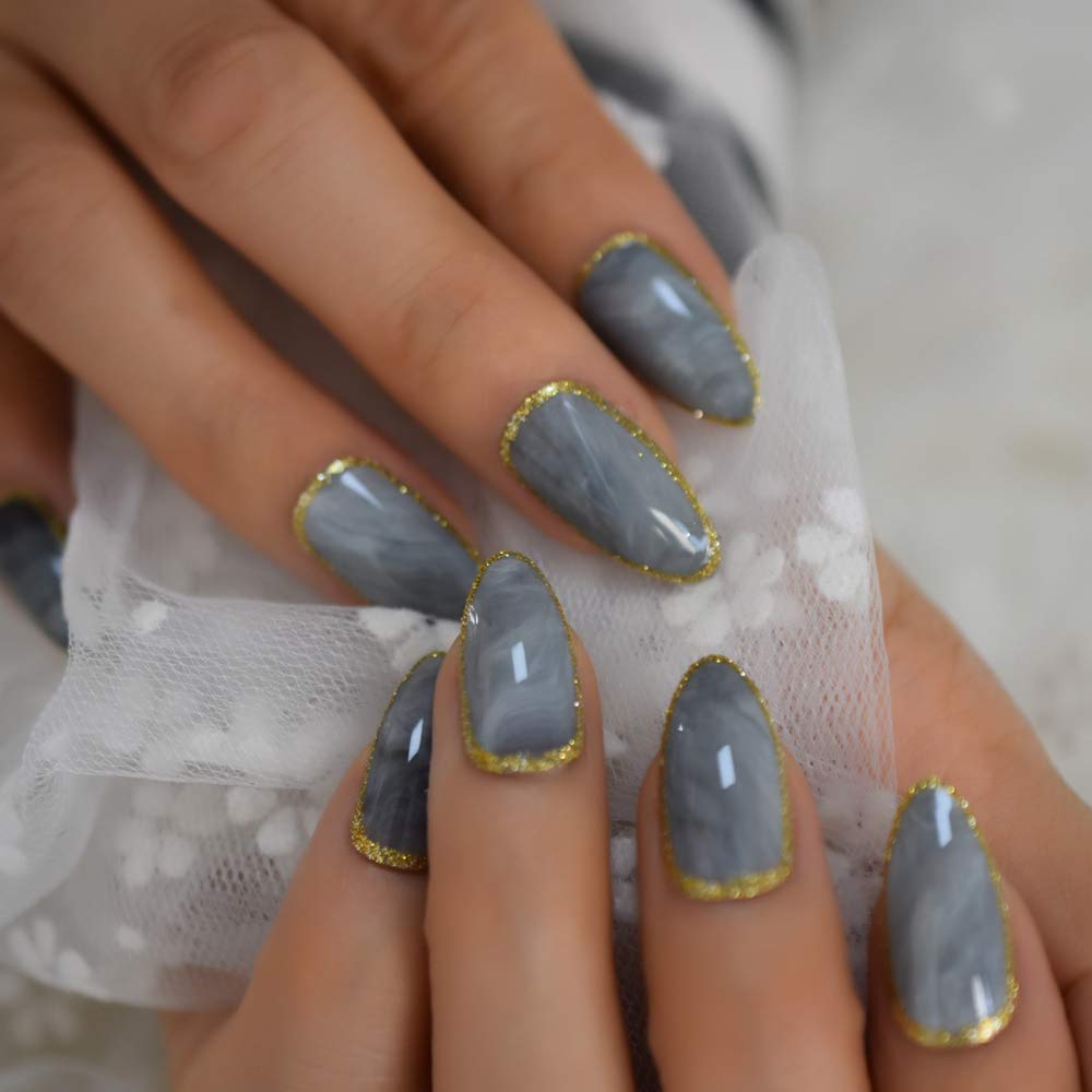Press On Nails Gray Marble Glossy Almond Gold Nail Kit - TGC Boutique - Press On Nails