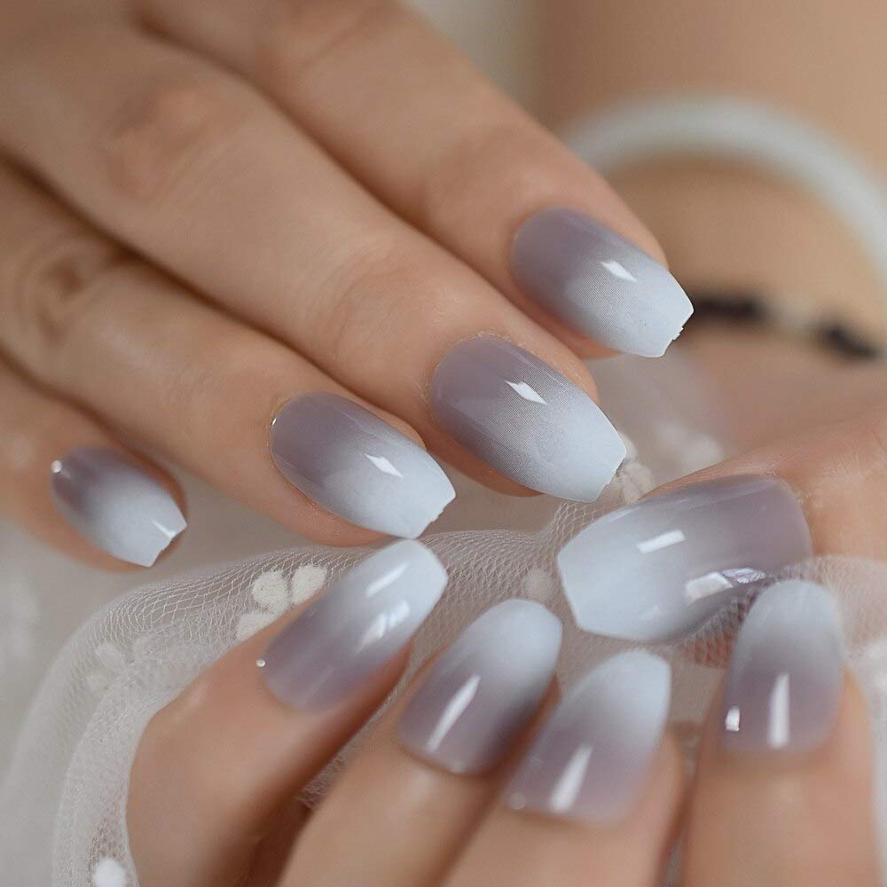 Press On Nails Gray Ombre French Glossy Coffin Nail Kit - TGC Boutique - Press On Nails