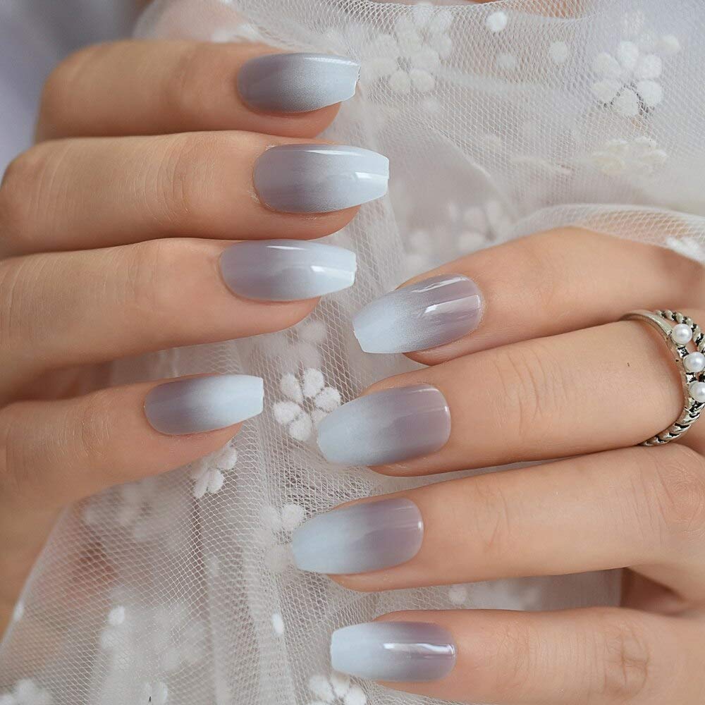 Press On Nails Gray Ombre French Glossy Coffin Nail Kit - TGC Boutique - Press On Nails