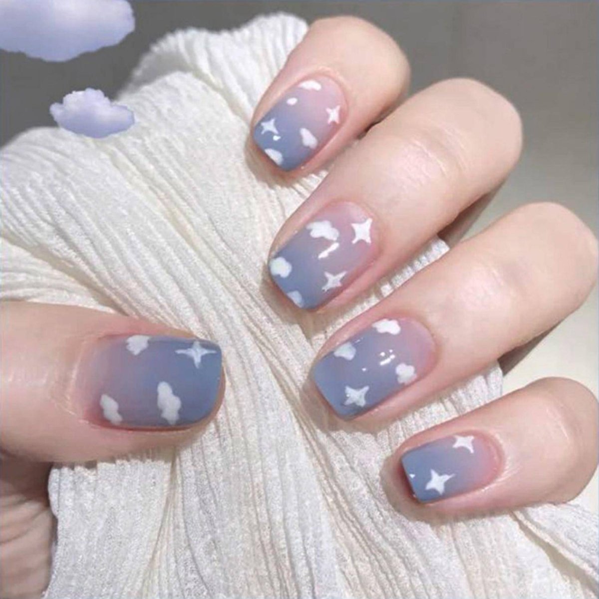 Press On Nails Gray Ombre Glossy Cloud Coffin Star Nail Kit - TGC Boutique - Press On Nails
