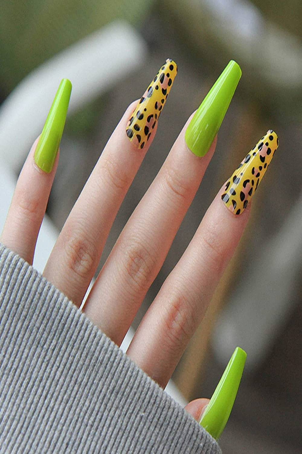 Press On Nails Green And Black Leopard Glossy Coffin Nail Kit - TGC Boutique - Press On Nails