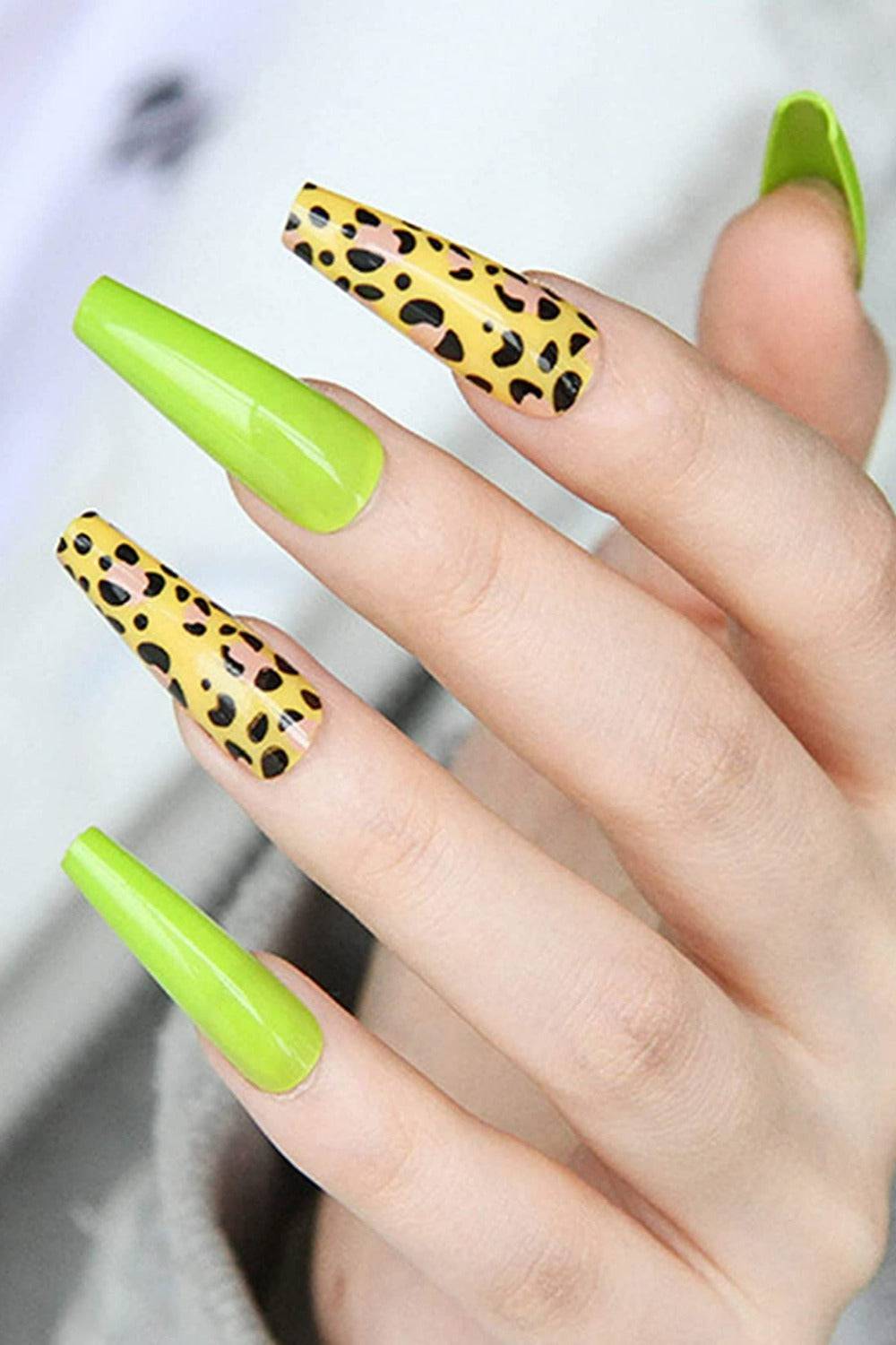 Press On Nails Green And Black Leopard Glossy Coffin Nail Kit - TGC Boutique - Press On Nails
