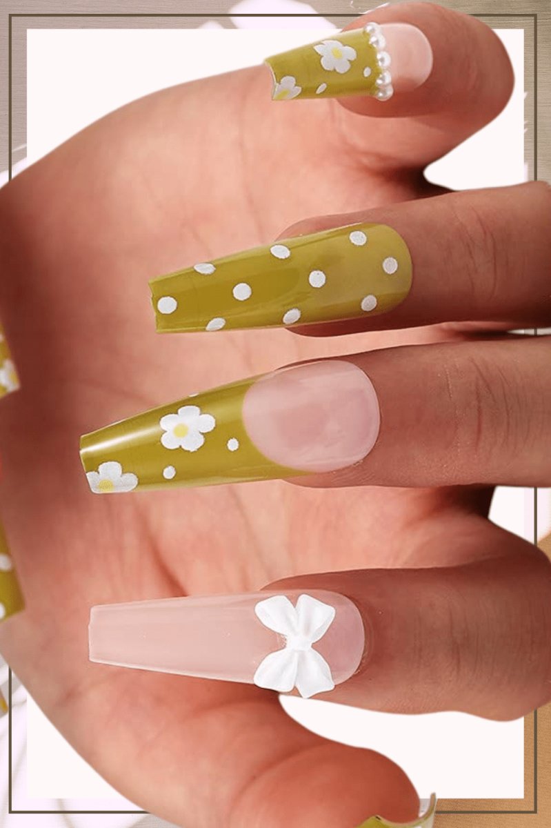 Press On Nails Green French Glossy Flower Coffin Polka Dot Nail Kit - TGC Boutique - Press On Nails