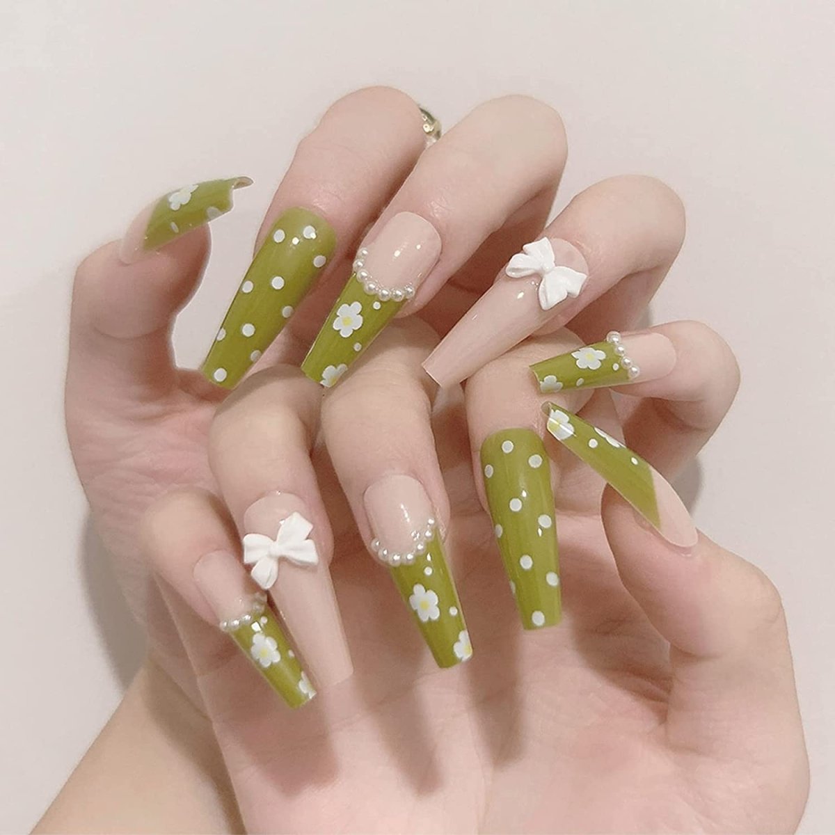 Press On Nails Green French Glossy Flower Coffin Polka Dot Nail Kit - TGC Boutique - Press On Nails