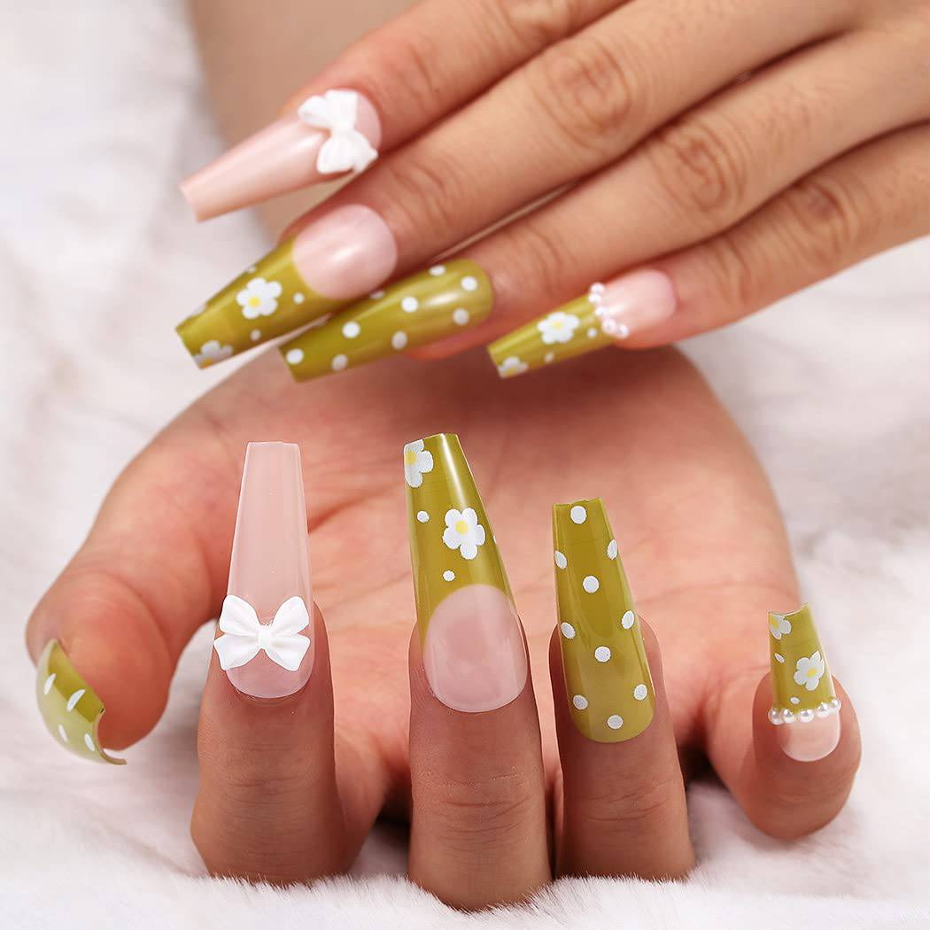Press On Nails Green French Glossy Flower Coffin Polka Dot Nail Kit - TGC Boutique - Press On Nails