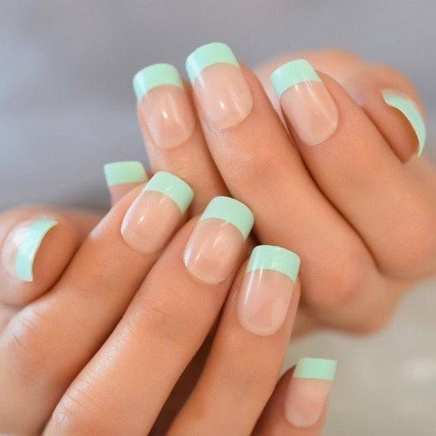 Press On Nails Green French Glossy Round Nail Kit - TGC Boutique - Press On Nails