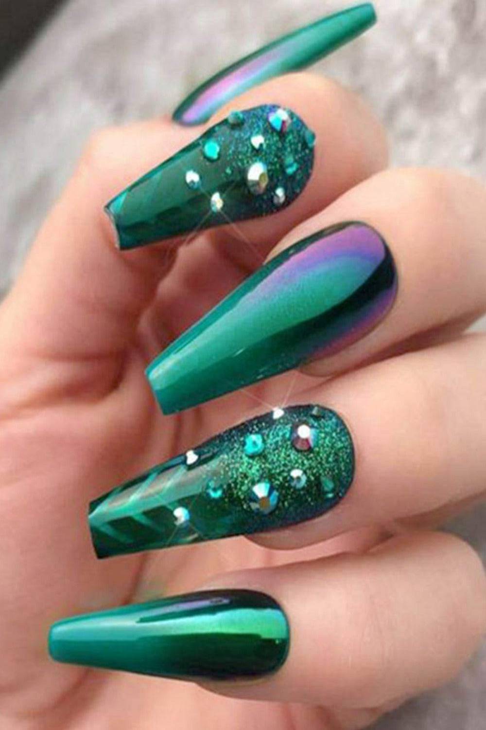 Press On Nails Green Glossy Crystal Coffin Nail Kit - TGC Boutique - Press On Nails