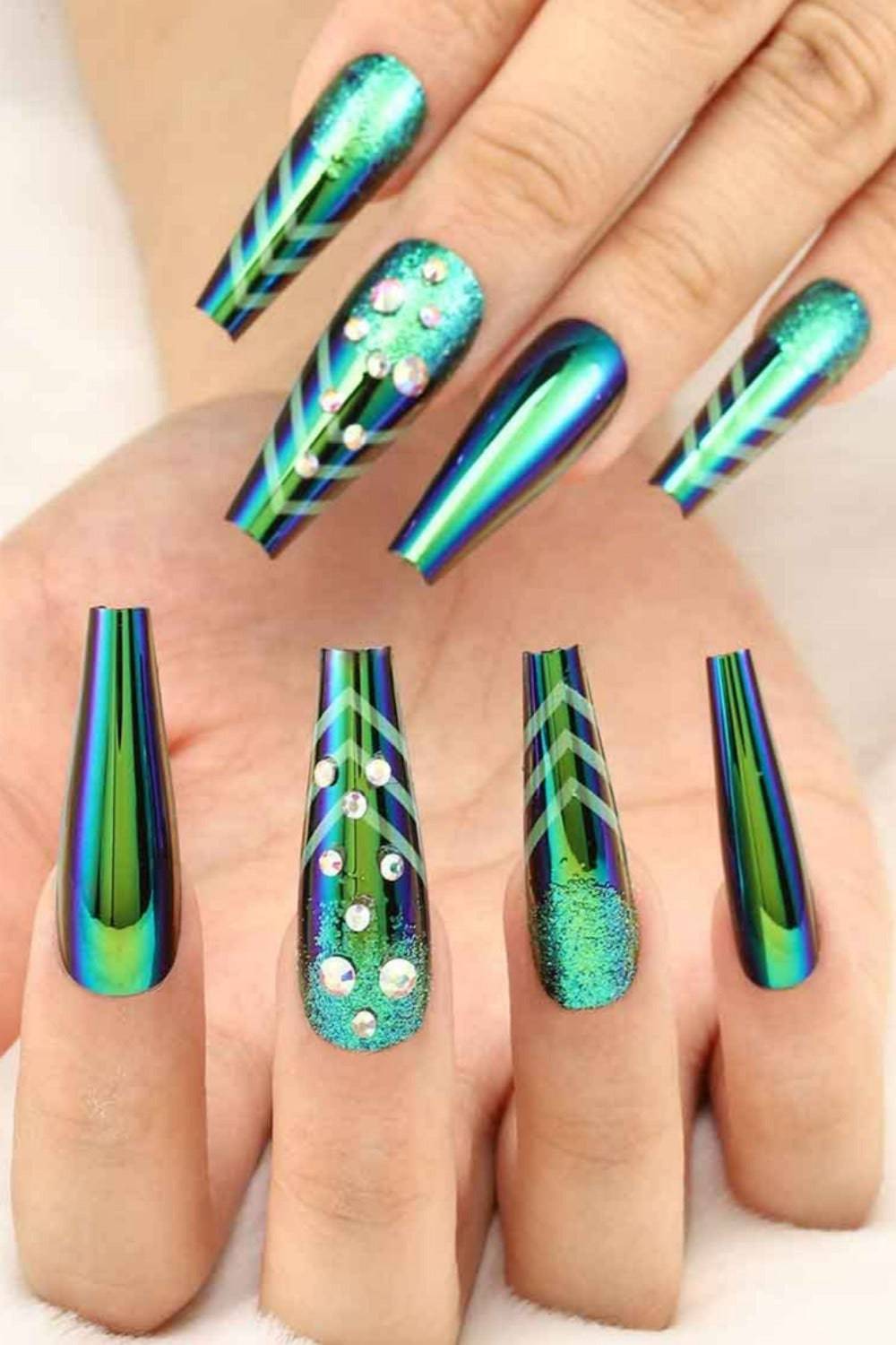 Press On Nails Green Glossy Crystal Coffin Nail Kit - TGC Boutique - Press On Nails