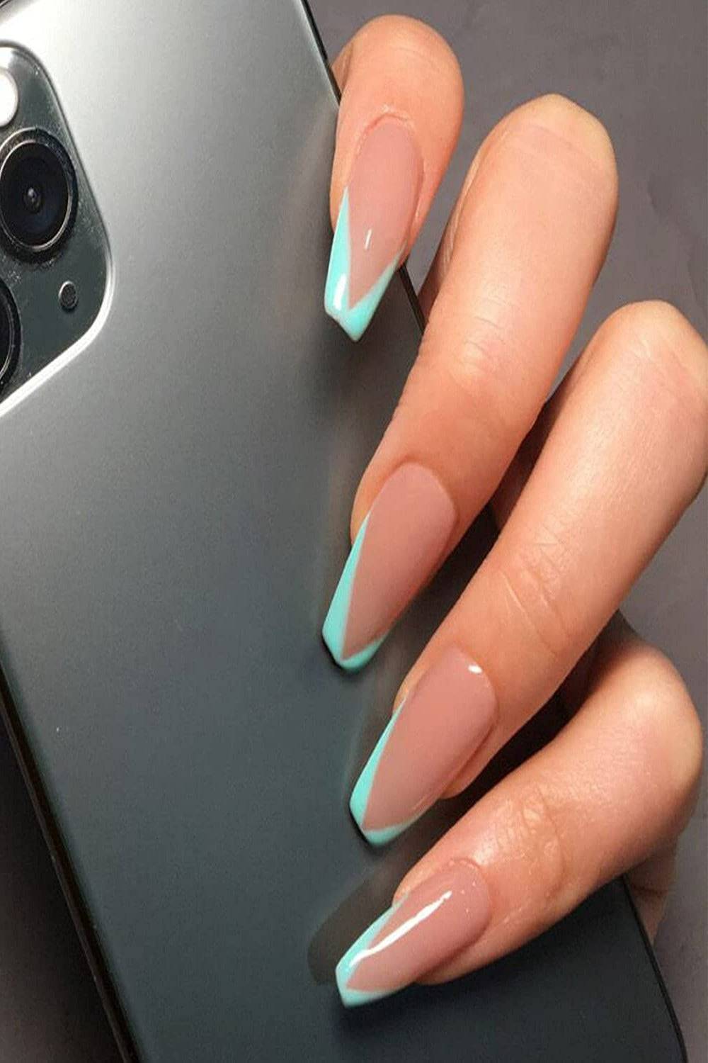Press On Nails Green Glossy French Tip Coffin Nail Kit - TGC Boutique - Press On Nails