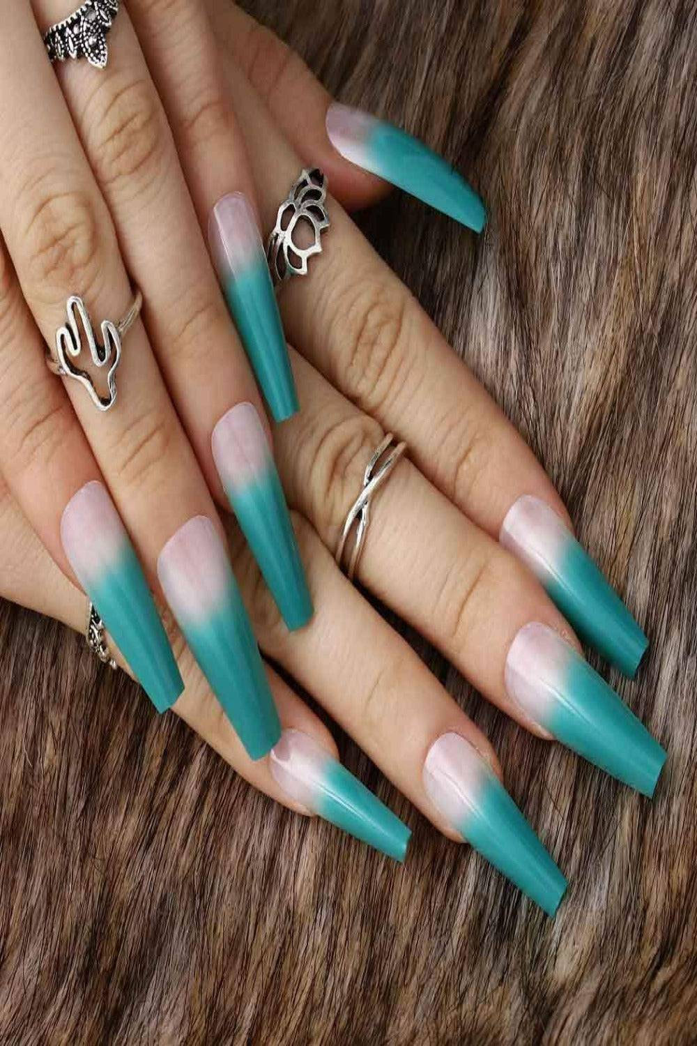 Press On Nails Green Ombre French Tip Coffin Nail Kit - TGC Boutique - Press On Nails
