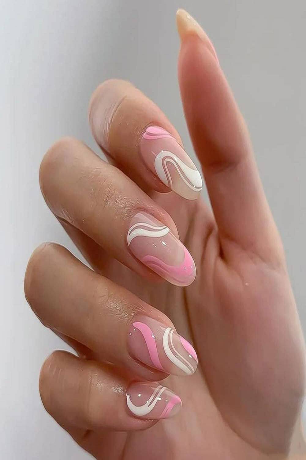 Press On Nails Kit French Tip Wave Swirl Pink And White Nails - TGC Boutique - Press On Nails
