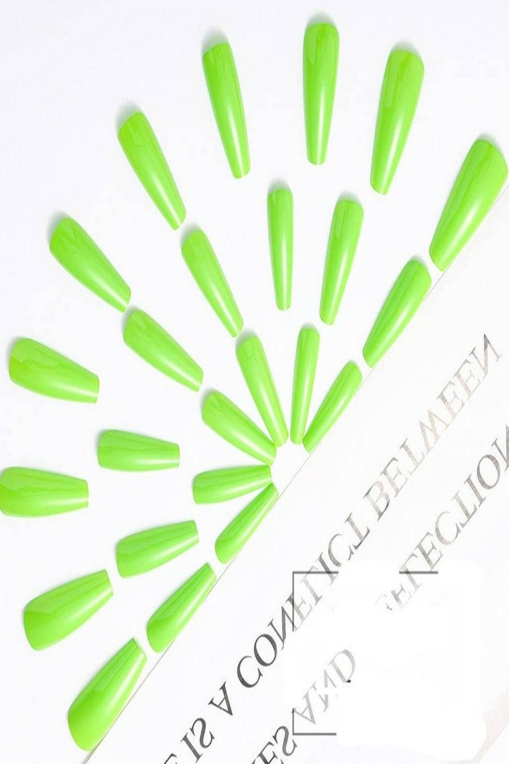 Press On Nails Long Shiny Coffin Tip False Nail Kit - Neon Green - TGC Boutique - Press On Nails